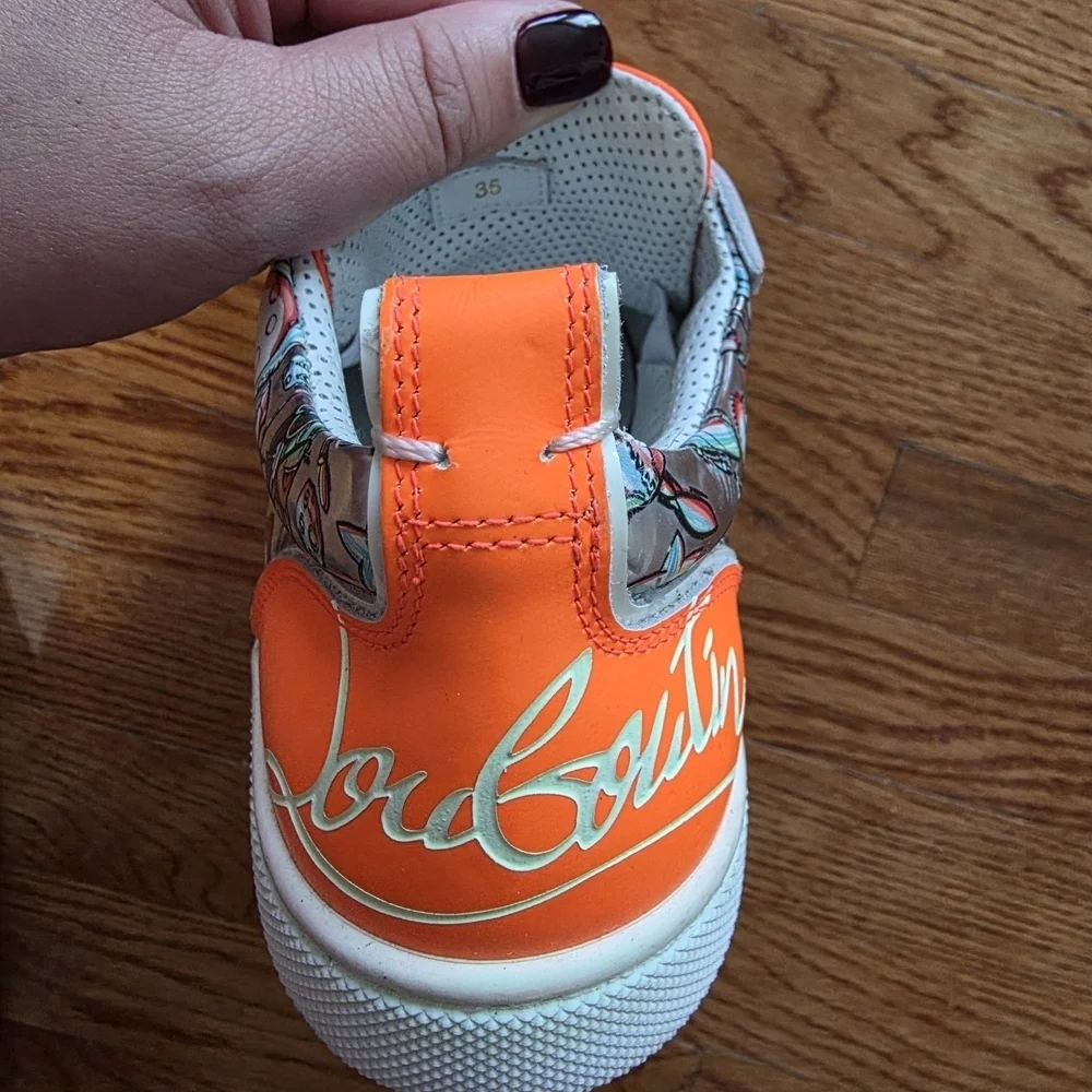 Christian Louboutin Kids Bright Orange and Metallic Sneakers